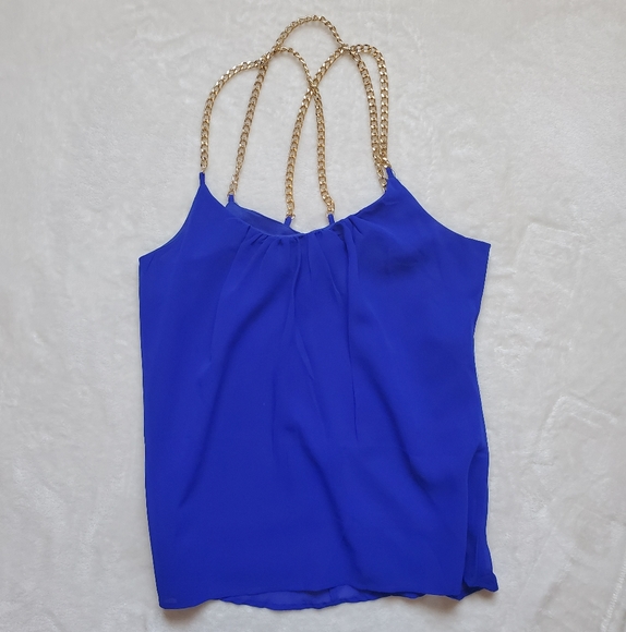 Electric blue blouse with gold colored chain. - Picture 6 of 6